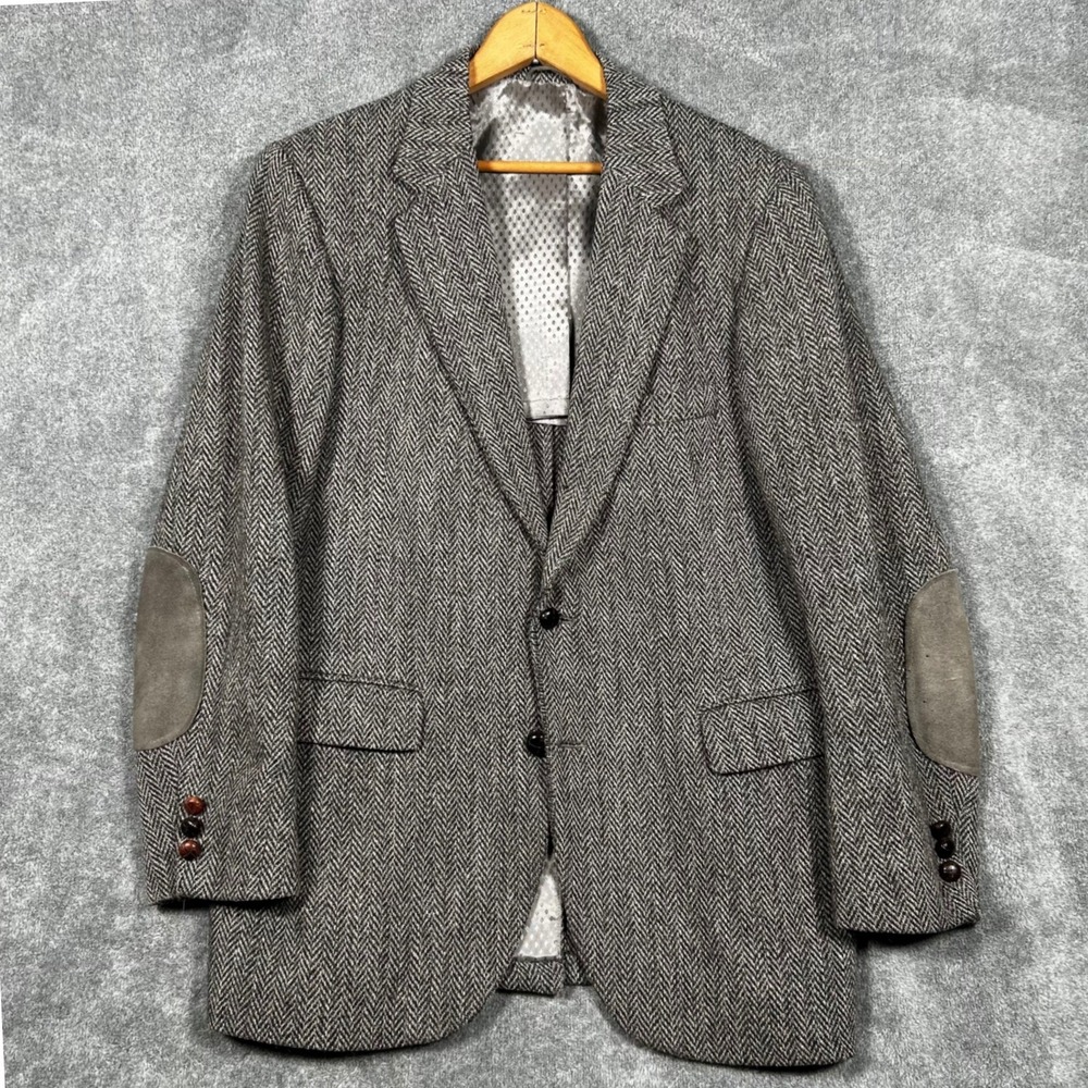 VTG Harris Tweed Blazer Herringbone Wool Suede Elbow Patches Grey 40R 1970s USA